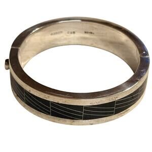 Taxco Dulce 950 Silver Bangle Bracelet Inlayed Black Onyx TO-34 Vintage Mexico